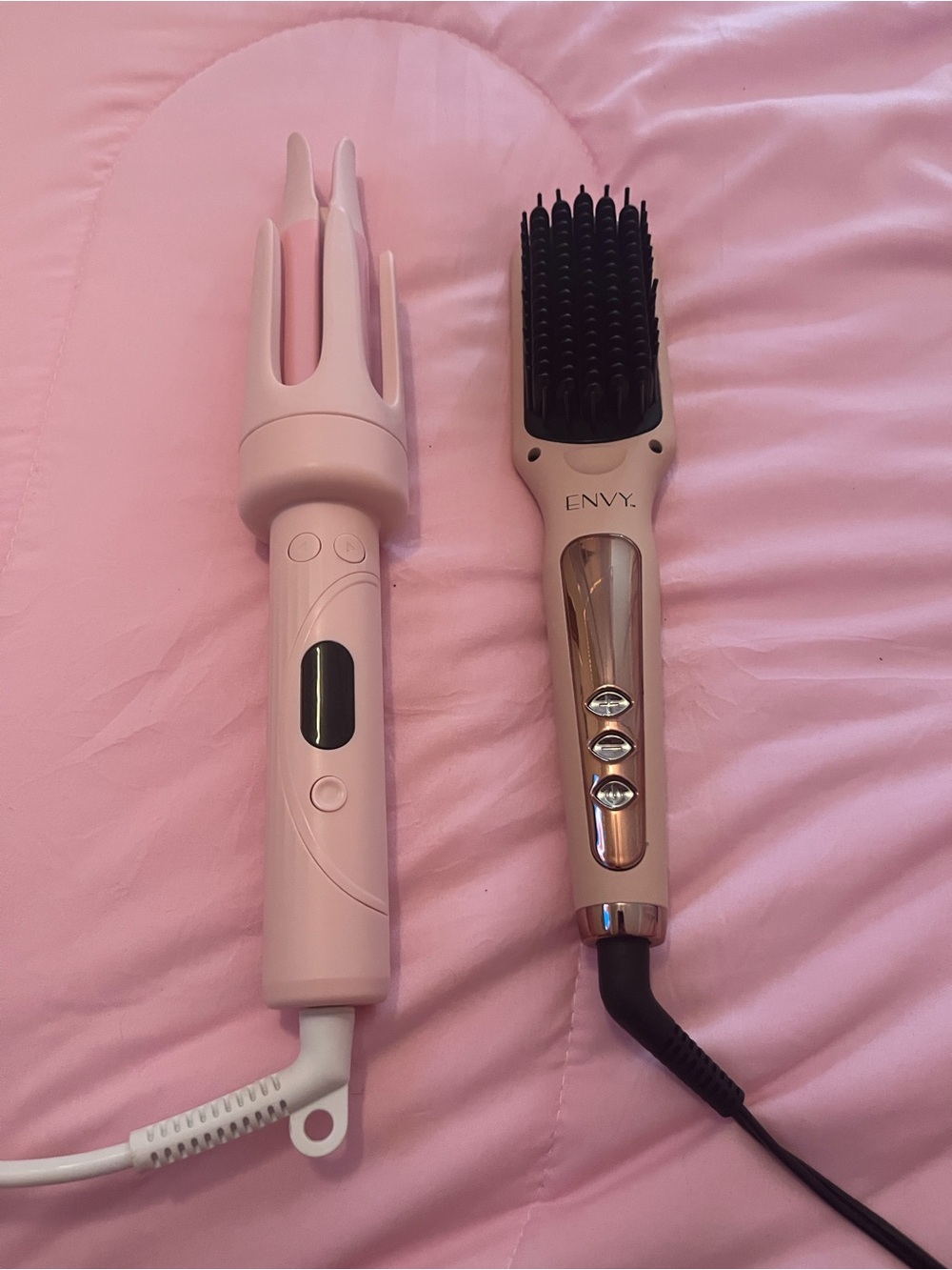 envy nude and Rose Gold Styling Brush and pink automatic Curling Wand